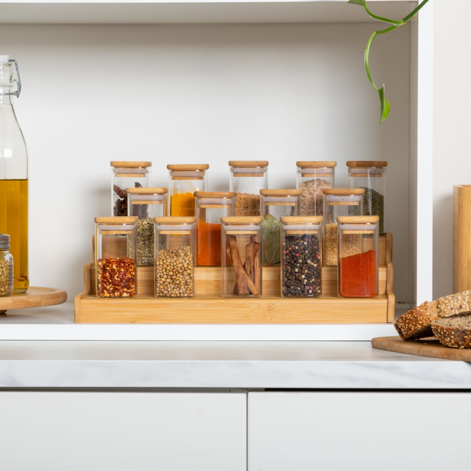 Kitchen Pro Eco Square Glass Spice Canister with Bamboo Lid 140mL Set of 6 Kitchen Warehouse